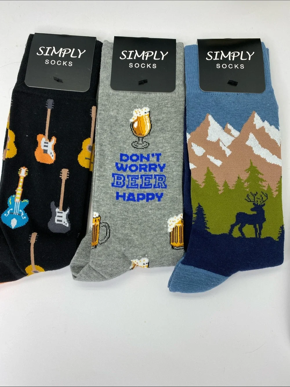 Men’s Novelty Crew Socks - Black, Gray, Blue - 3 Pack
